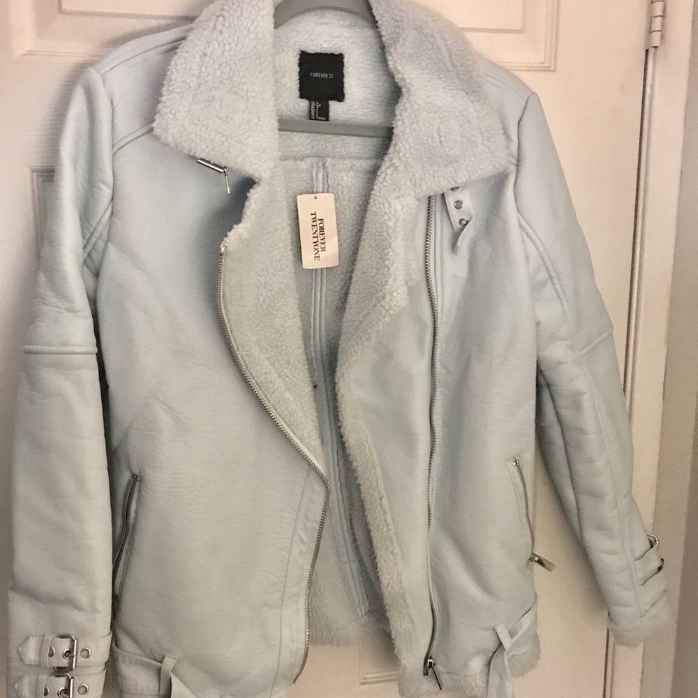 NWT Light Blue Leather Moto Jacket w Sherpa-Lining